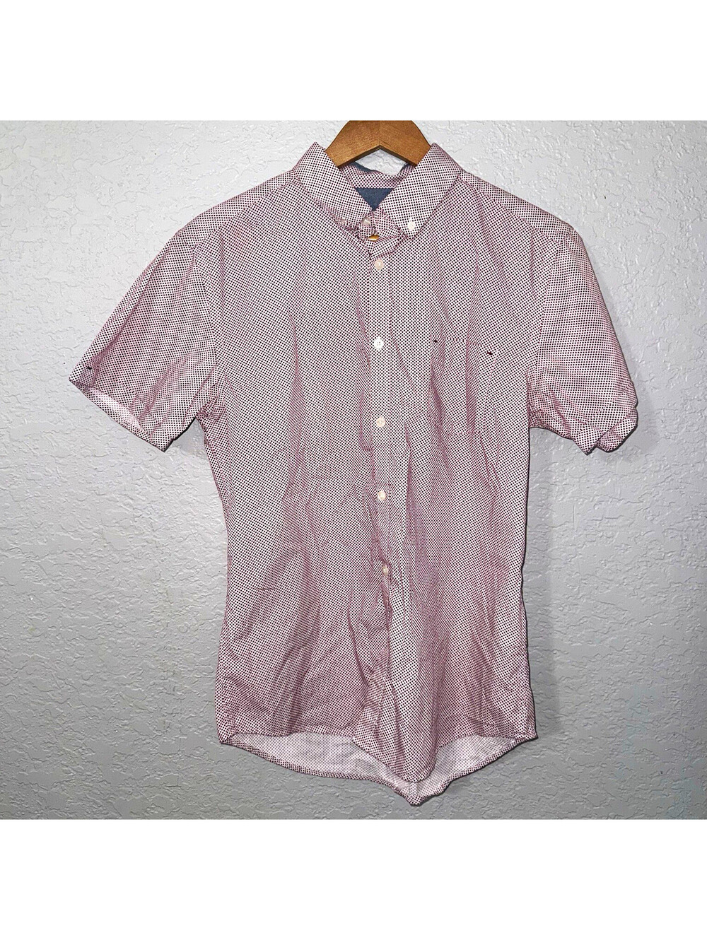 Steel & Jelly Mens M Burgundy Polka Dot Cotton Short Sleeve Button Down Shirt